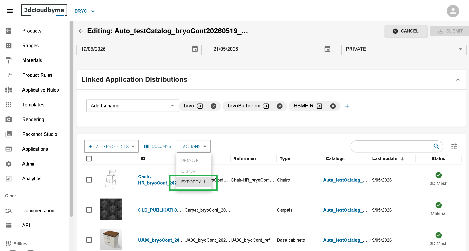 Export catalog product action