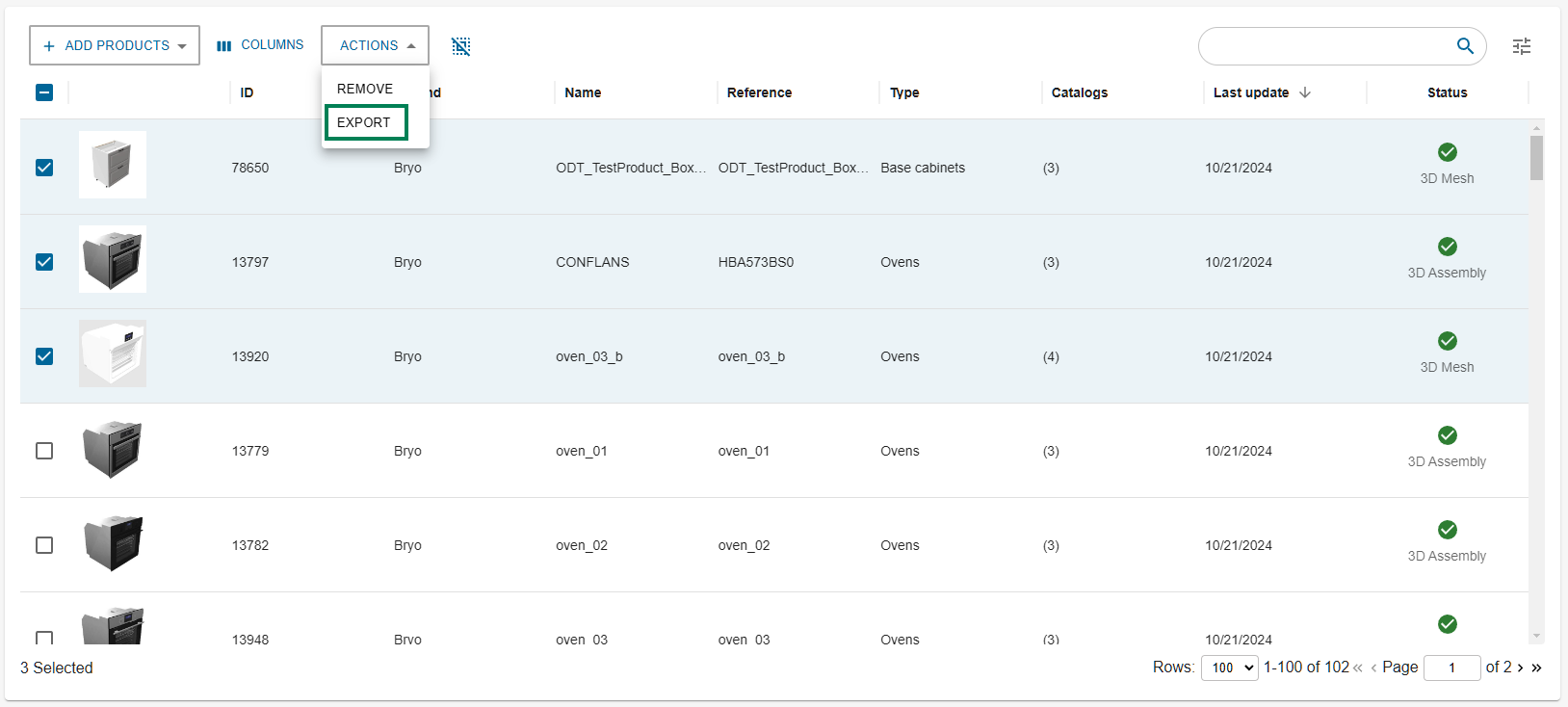 Export catalog product action