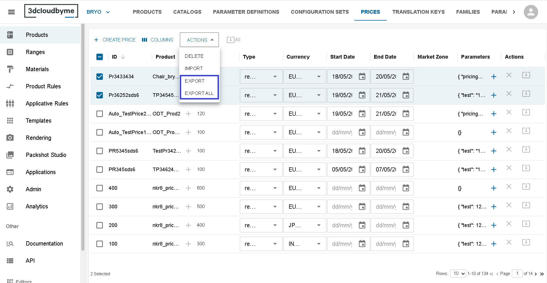 Price Export Dialog