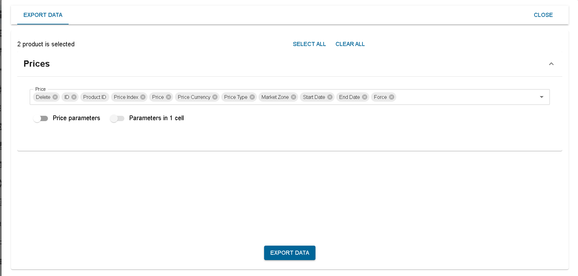Price Export Dialog
