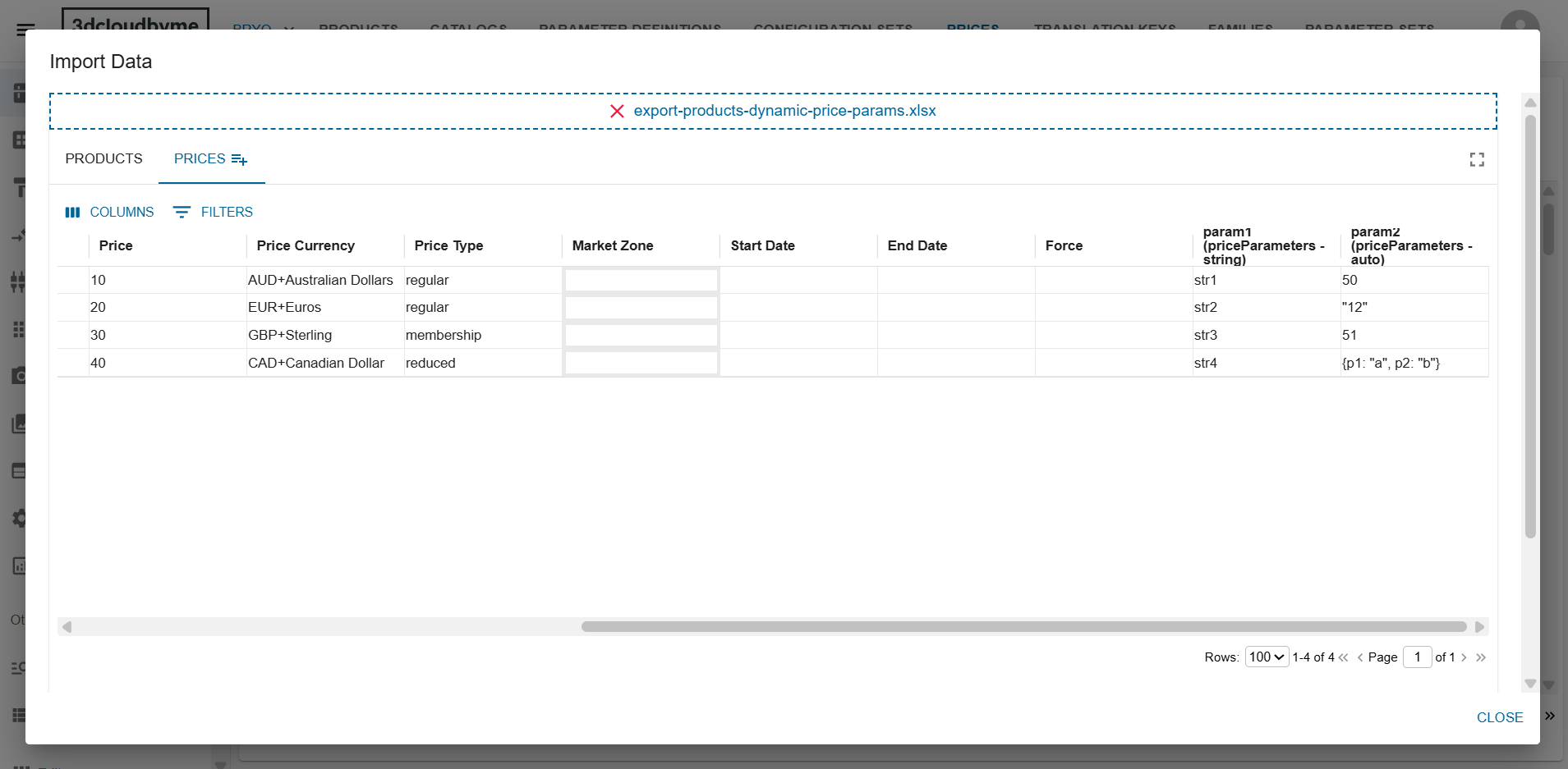 Price import dynamic price params