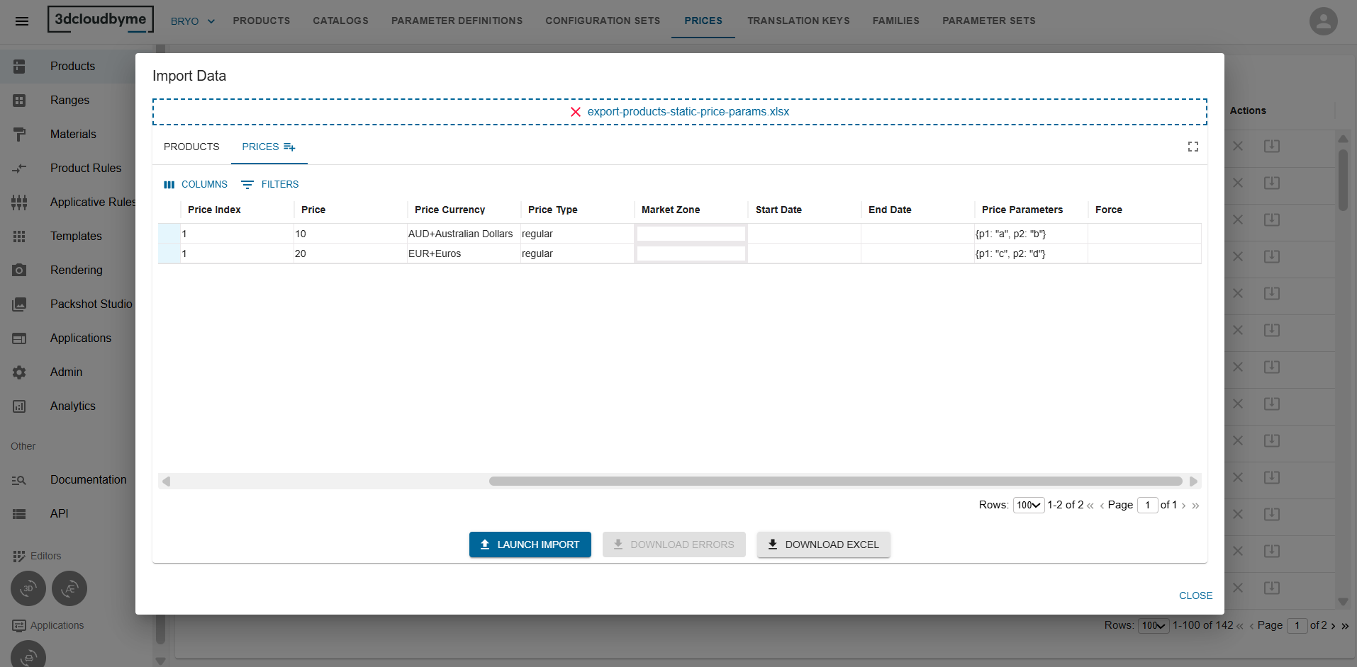 Price import static price params